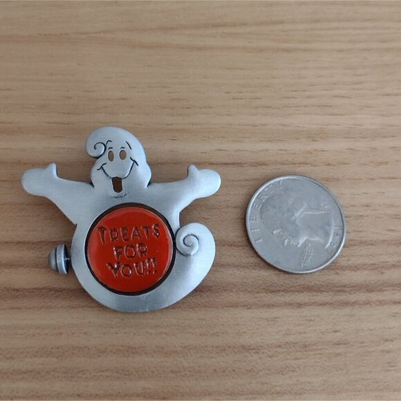 Spoontiques Signed Pewter Halloween Pin Brooch Ghost Turning Sign Boo To You - Picture 3 of 3